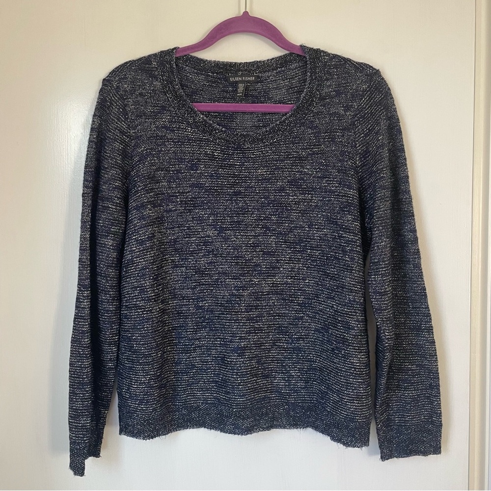 Eileen Fisher Navy Knit Marled Linen Blend Round Neck Pullover Sweater